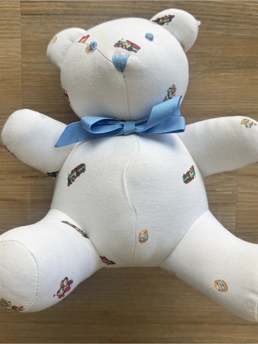 Ralph Lauren White Plush Bear with Light Blue Bow and Multicolor Print